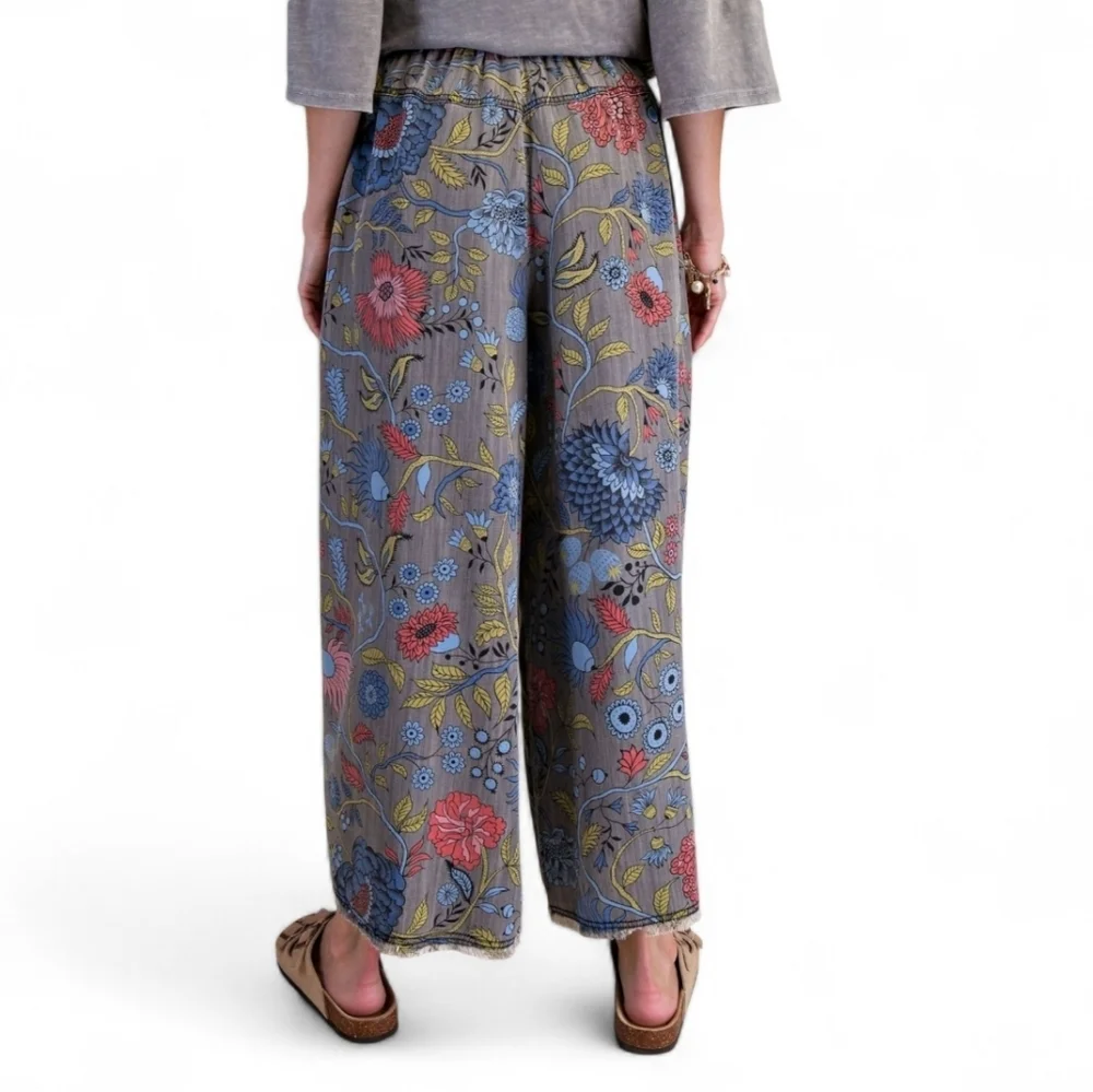 Easel Floral Print Black Denim Chambray Pants